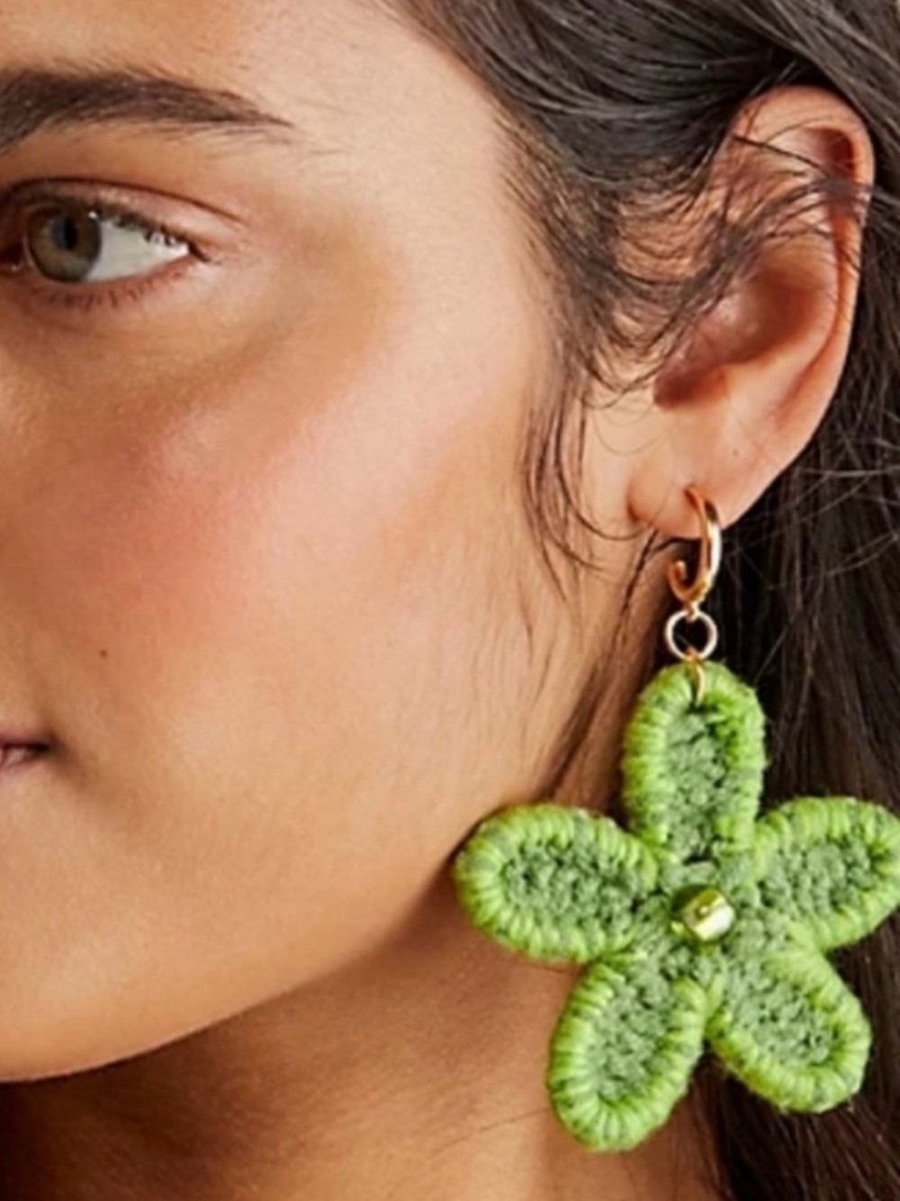 Free People Dahlia Green Crochet Flower Huggie Hoop Earrings - Picture 2 of 4